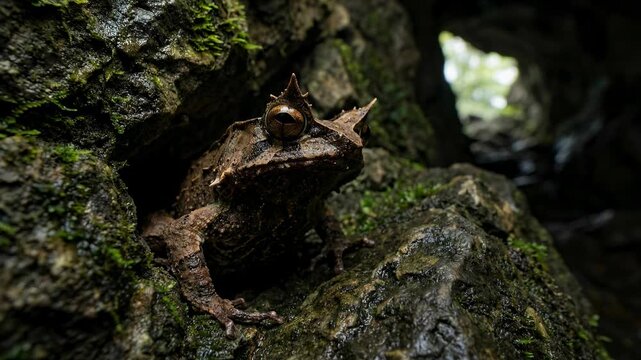 Brown frog with horns camouflaged in mossy rocks in a dark forest.