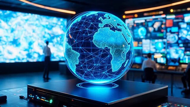 Glowing digital globe in control room for Digital Transformation and Cyber Infrastructure