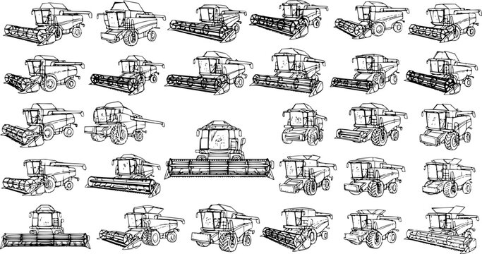 Seamless pattern of various hand-drawn combine harvesters in black and white line art, depicting agricultural machinery for farming and harvest.