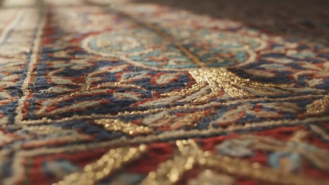 Close-up of an intricately woven persian rug with detailed floral patterns, rich blue and red colors, and shimmering gold thread accents, luxurious textile texture