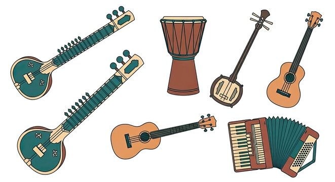 Traditional Indian Instruments Set Illustration for Music Marketing Material Sarod Djembe Sitar Ukelele