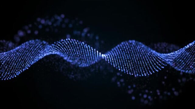 Abstract blue glowing particle wave on dark background, data stream motion, science and technology concept, network connections