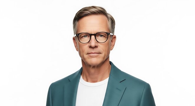 Mature professional man wearing glasses and a stylish teal blazer looking directly at the camera for a corporate studio portrait on white background