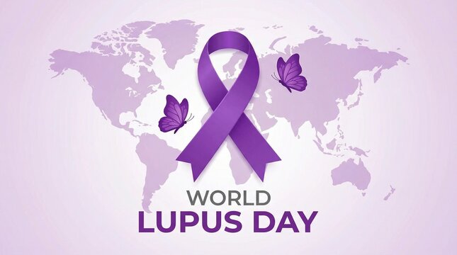 Purple ribbon and butterflies on world map for world lupus day awareness campaign symbolizing hope and solidarity