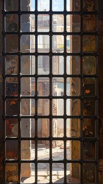 A grid of small, shiny, brown tiles or glass forming a window