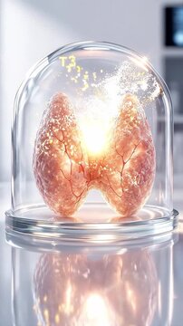 Thyroid hormone t3 t4 endocrine gland organ anatomy medical healthcare concept with glowing thyroid gland glass dome clean clinical laboratory setting for endocrine research and thyroid health