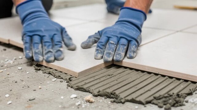 Close-up of hands installing ceramic floor tiles with adhesive and gloves for home renovation
