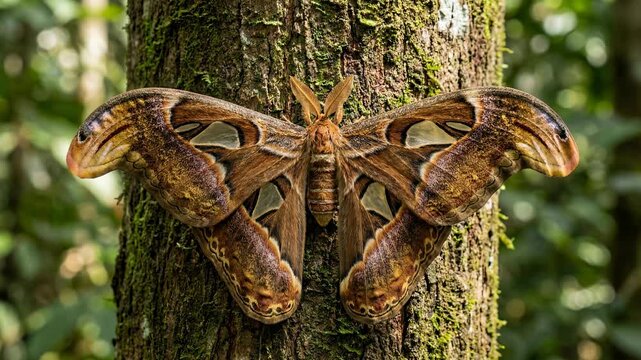 Giant Atlas Moth Resting on Mossy Tree Trunk in Lush Forest.