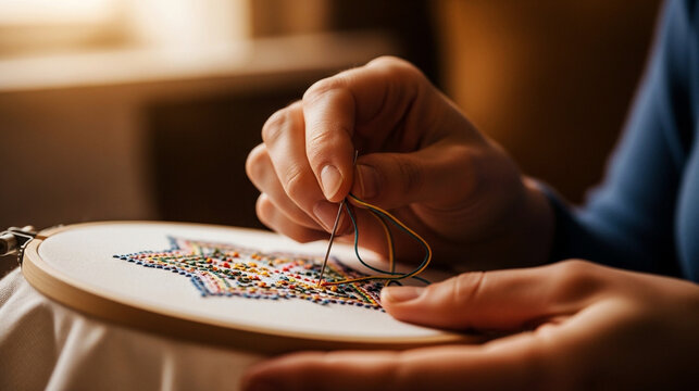 Close-up of Hands Embroidering a Detailed Pattern on Fabric