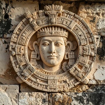 Ancient Mayan Stone Carving of a Deity Face at Uxmal Ruins, Yucatan, Mexico.