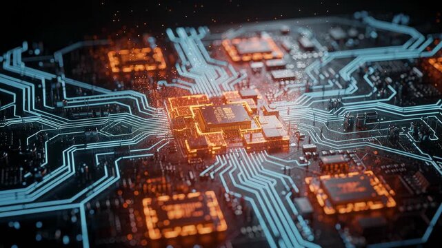 Close up view of futuristic digital microchip technology with glowing circuits and electronic connections