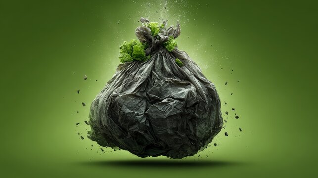 A floating trash bag represents pollution issues.