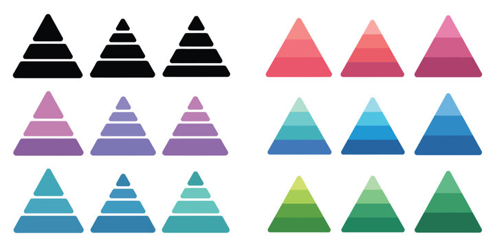 Triangular pyramid levels diagram, half triangle pyramid chart, Maslow hierarchy layer visualization, development level infographic, business growth graph, clean vector illustration