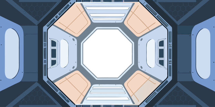 Futuristic spaceship corridor featuring geometric metal panels and a glowing white light portal located at the end of the passage