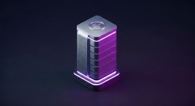Futuristic purple computer server tower.
