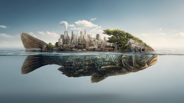 A surreal fish island merging nature and city.