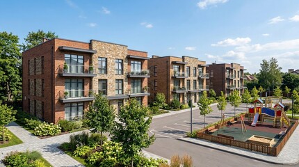 Fototapeta premium Modern apartment buildings, playground area, contemporary residential complex, family-friendly environment