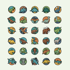 Collection of colorful dinosaur and prehistoric animal circular icons. © sup