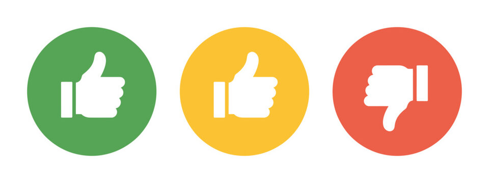 Thumb icons like dislike neutral symbols in green yellow red colors, feedback rating thumbs up down sideways indicators, customer satisfaction evaluation concept, clean vector illustration