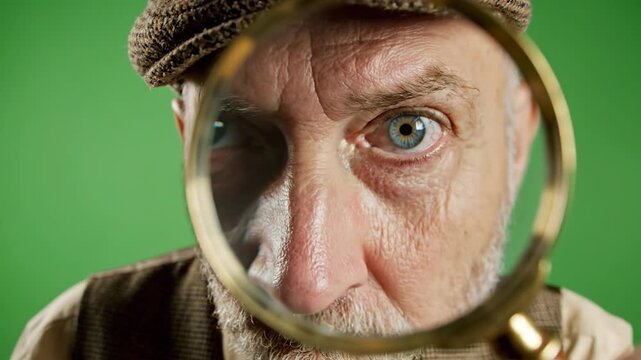 An elderly man wearing a flat cap looks through a magnifying glass at the camera
