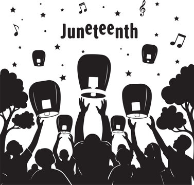 Juneteenth celebration silhouette with lanterns and music, Generative Ai