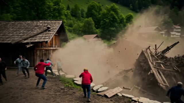 Devastating landslide destroying mountain houses with dust and debris in rural nature landscape