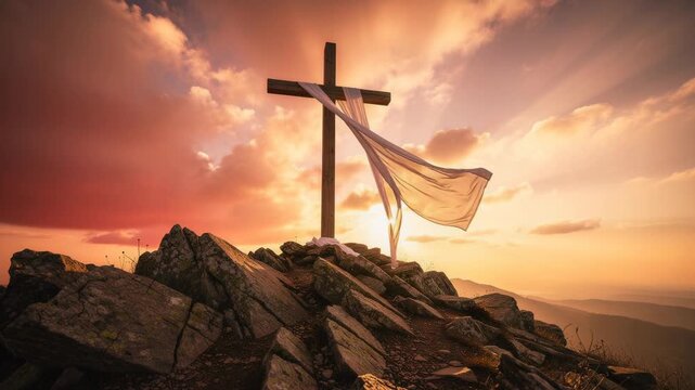 Sunset on mountain peak with wooden cross and flowing white cloth symbolizing faith and hope
