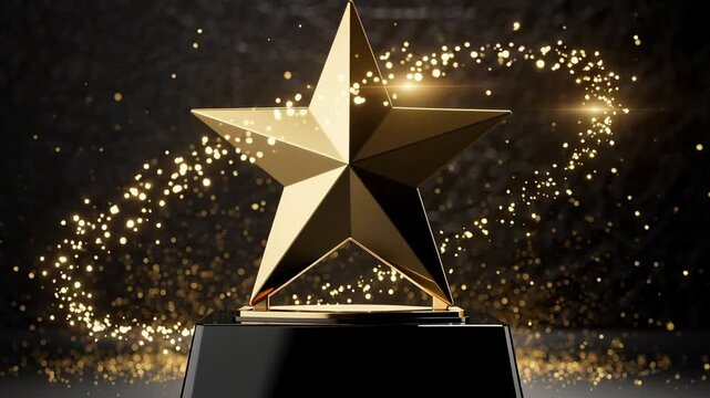 Shiny golden star trophy with sparkling lights on black background for celebration and award concept