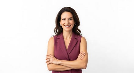 Fototapeta premium Mature businesswoman smiling with arms crossed wearing a plum sleeveless vest looking at camera for professional executive portrait on white
