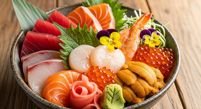 a vibrant sashimi bowl with fresh seafood like tuna salmon scallops uni and salmon roe a gourmet japanese meal
