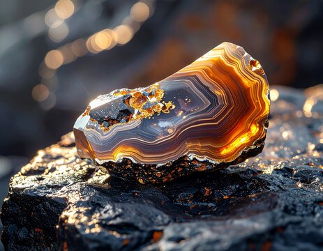 Close-up of a beautiful agate geode with intricate bands of orange, white, and brown, sparkling on a dark rock surface with bokeh lights in the background.