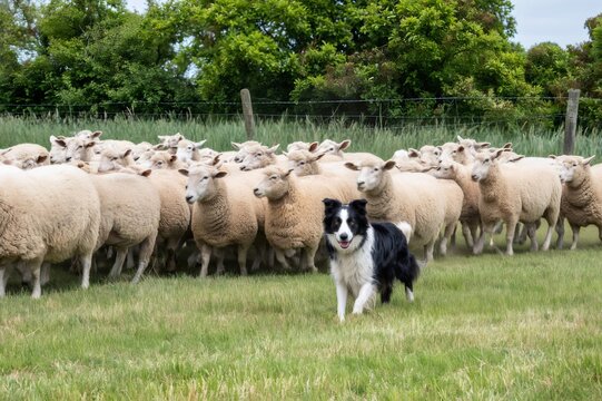 Border collie herding sheep across green pasture