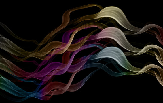 Swirling colorful smoke tendrils in an abstract composition with vibrant gradients against dark negative space