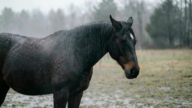 Dark horse standing in a misty field during a rainy day.