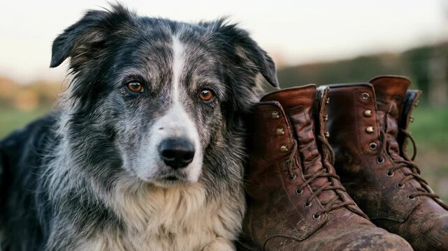 Loyal Border Collie Dog Poses With Worn Work Boots Outdoors.
