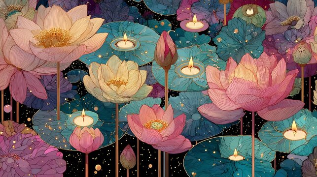stylized Vesak spiritual background, flat Memphis-boho hybrid illustration, abstract lotus flowers and candles forming circular mandala patterns, organic lines and playful shapes