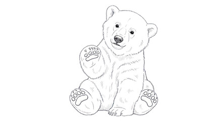 Cute Polar Bear Cub Waving Hello, Hand-Drawn Sketch, Isolated on White © Biru