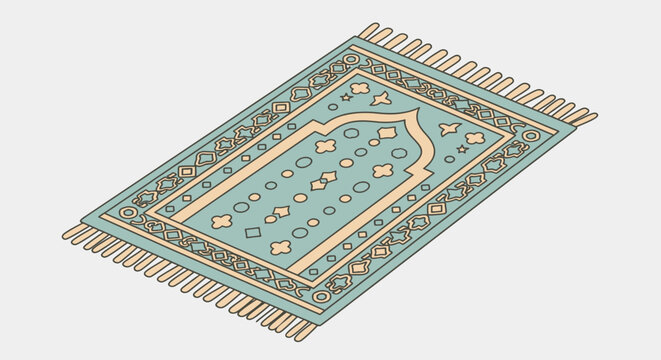 Illustrated Islamic prayer rug with geometric and floral patterns light teal and beige colors fringes in vector design ideal for Ramadan and Eid