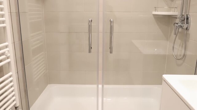 Modern bathroom with glass shower doors and white tiles, clean design.
