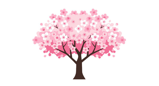 Illustration of a pink cherry blossom tree with white flowers and brown branches set against a plain white background in a vector style