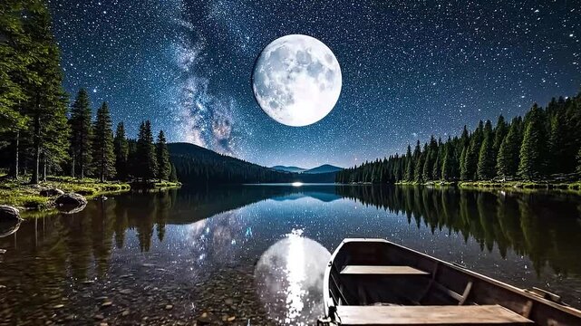 A radiant full moon shines over a dark lake at midnight, casting a blue moonlight reflection across the water under a starry sky filled with soft clouds and a distant horizon