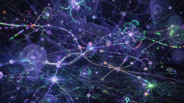 Rete neurale astratta con nodi luminosi e connessioni cosmiche.