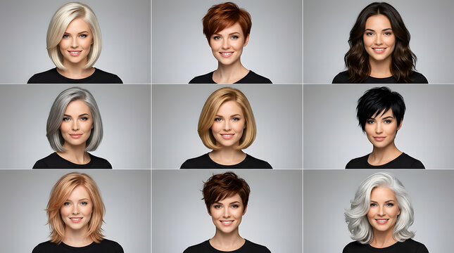 Set of Diverse Women Short Hairstyles and Hair Colors Front View