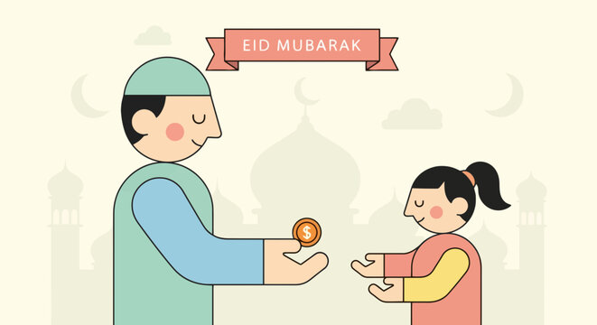 Muslim man giving Eidi to a girl in cartoon vector illustration style with Eid Mubarak banner on light yellow background for Islamic holiday