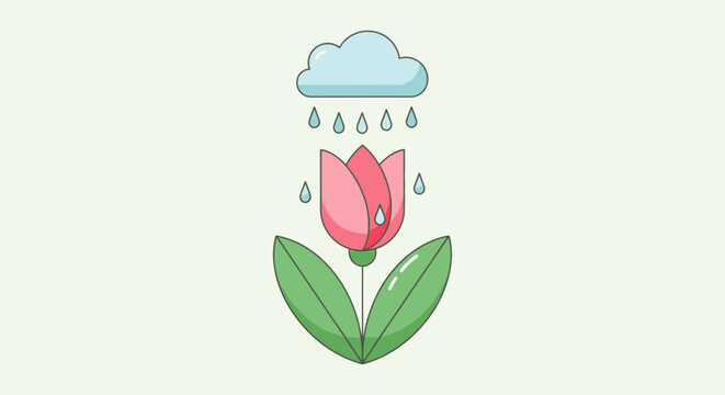 Pink tulip under a rain cloud in vector style illustration with pastel colors; simple cute flower design for springtime designs