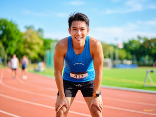 Obraz premium Smiling asian runner rests on a track, hands on knees, catching breath after workout