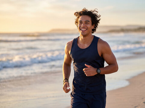 Fit male athlete smiles while running along a beautiful sunlit beach at golden hour
