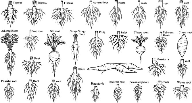 Root Systems Diversity: Botanical Illustrations of Taproots, Fibrous, Adventitious Roots, and More