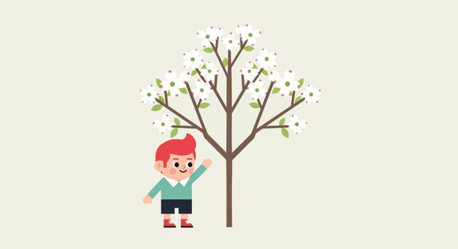 Young boy reaching for a flowering dogwood tree in spring cartoon illustration with flat design and pastel colors happy and playful scene