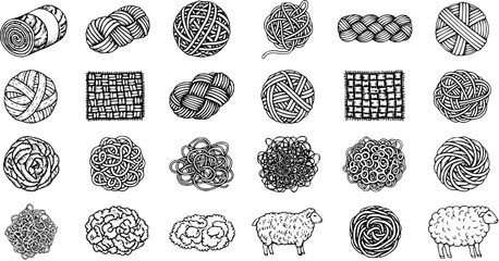 Hand-drawn Yarn Balls, Wool Textures, Fabric, and Sheep Vector Icon Set © arulumia